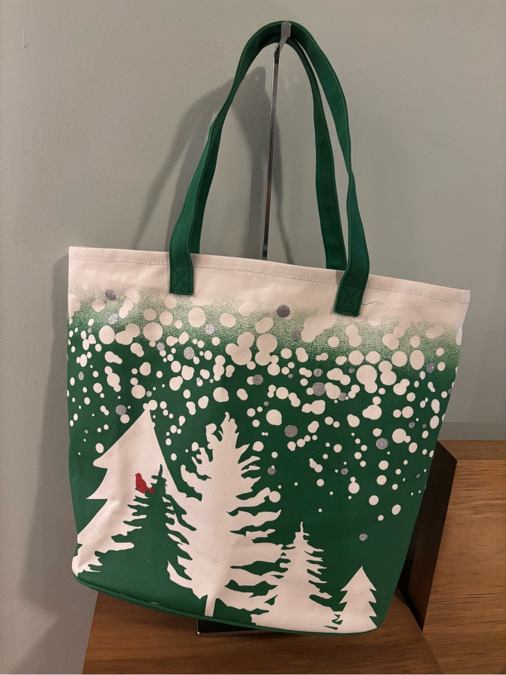 Barnes & Noble holiday tote bag festive tree design with a small red cardinal